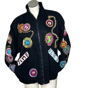 VINTAGE MODI DENIM Black Sequined Time Flies Jacket Coat Women's M 8-10